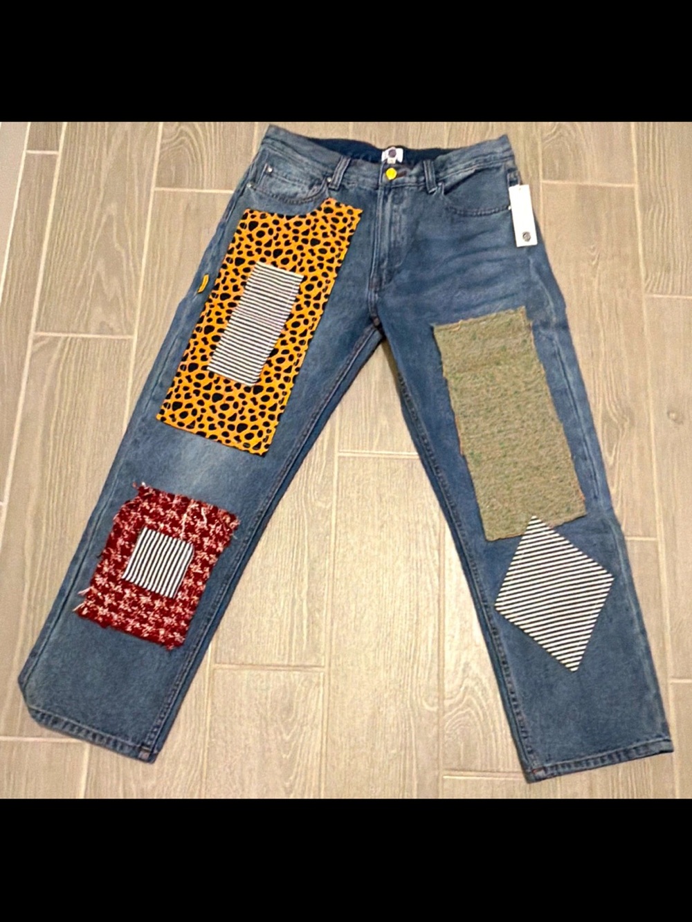 Round Two Patchwork Blue Denim Jeans with Multi-Print Patches
